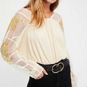 Free People Cream Blouse with Gold Embroidery